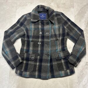 American Eagle Plaid Wool Blend Pea Coat Grey Teal Womens Medium Double Breasted